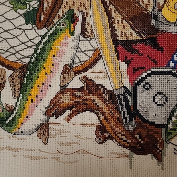 Vintage Fisherman's Fishing Gear Finished Cross Stitch Sampler - Picture 7 of 16